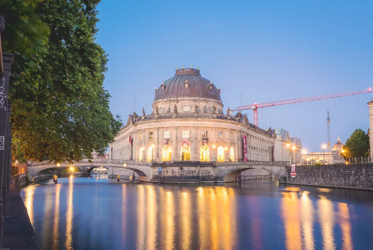 The Bode Museum in Berlin at twilight, reflecting in the Spree river