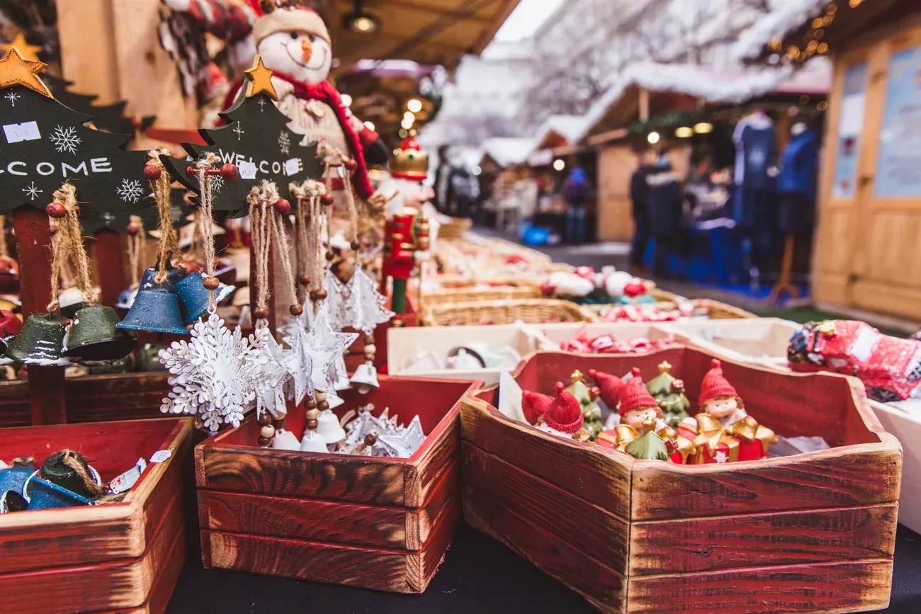 A stall with Christmas ornaments made in Hungary at the Christmas market on Szent István tér in Budapest