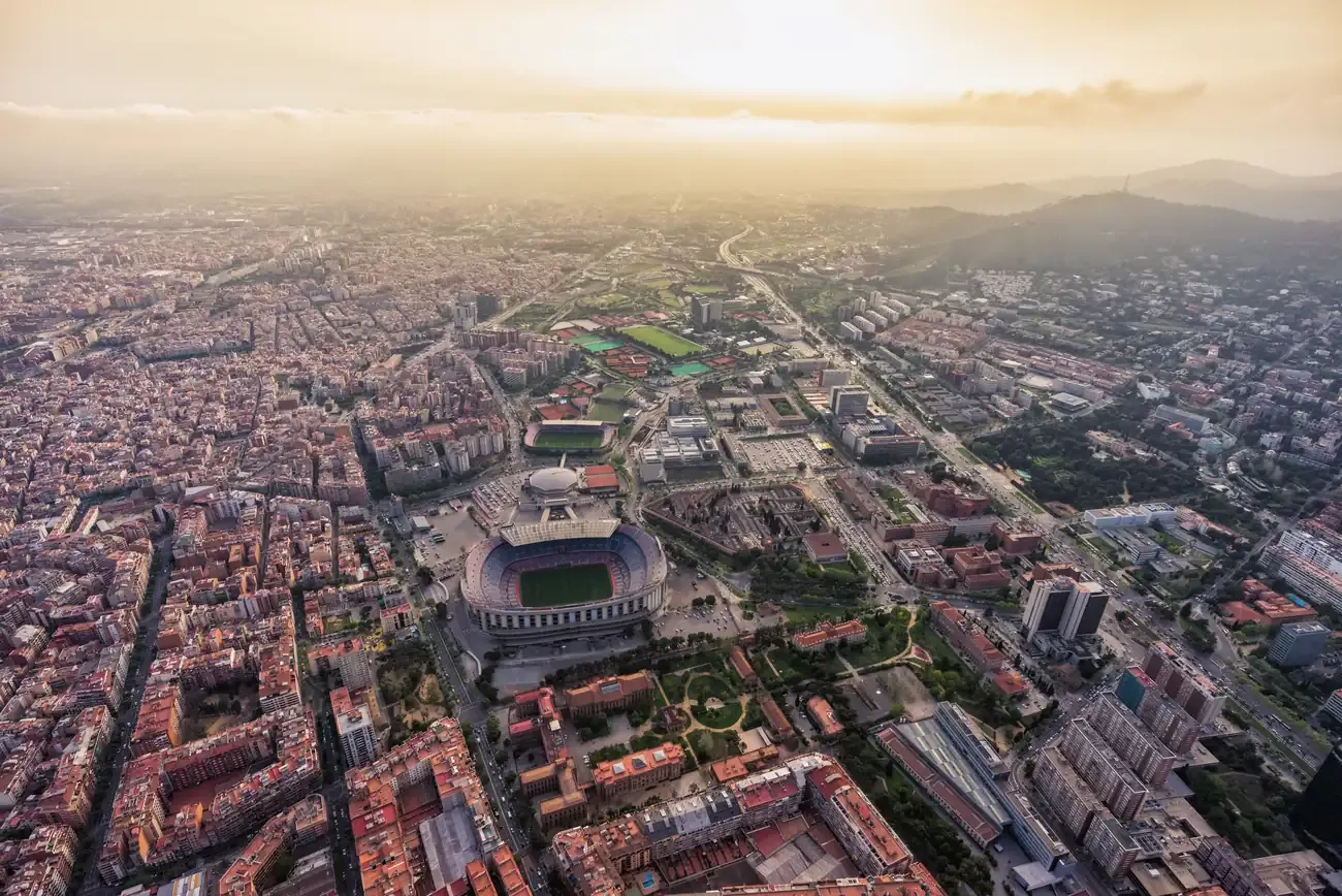 Aerial view of Camp Nou stadium at sunset in Barcelona