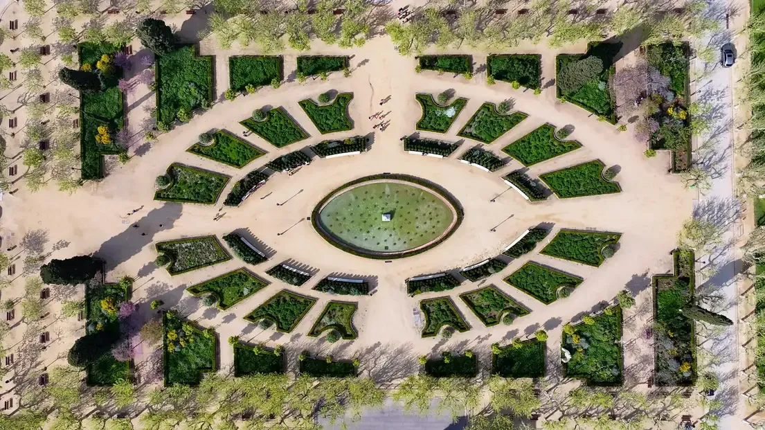 Aerial view of the formal gardens at Parc de la Ciutadella in Barcelona