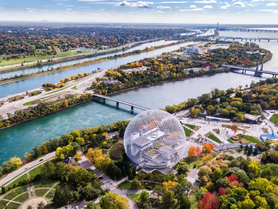 Aerial view of Montreal with the Biosphere environment museum