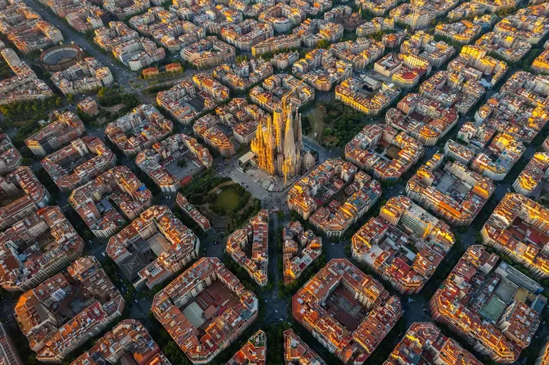 Aerial view of the Eixample district and the Sagrada Familia in Barcelona