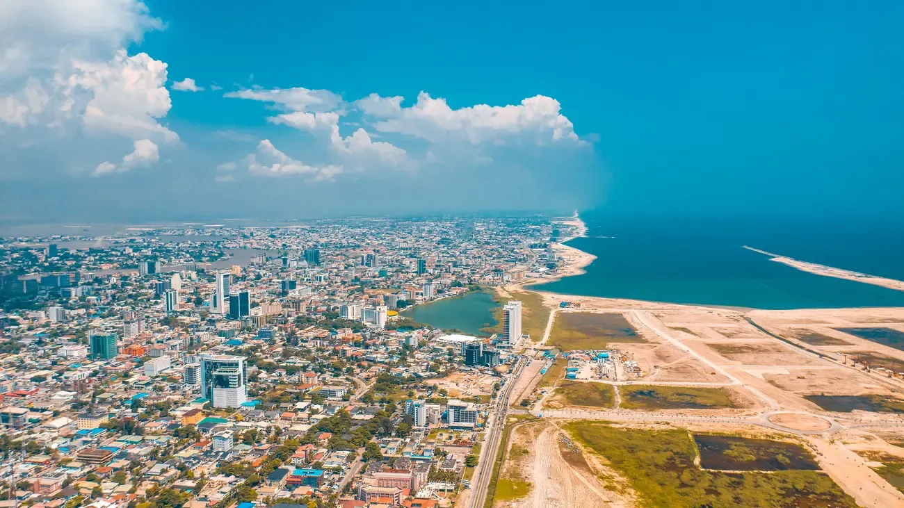 Aerial view of the Lagos cityscape by the sea, Nigeria