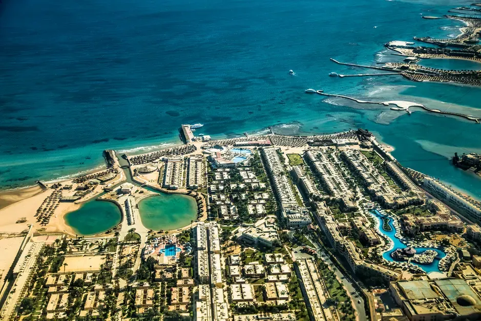 Aerial view of the Red Sea and the city of Hurghada, Egypt