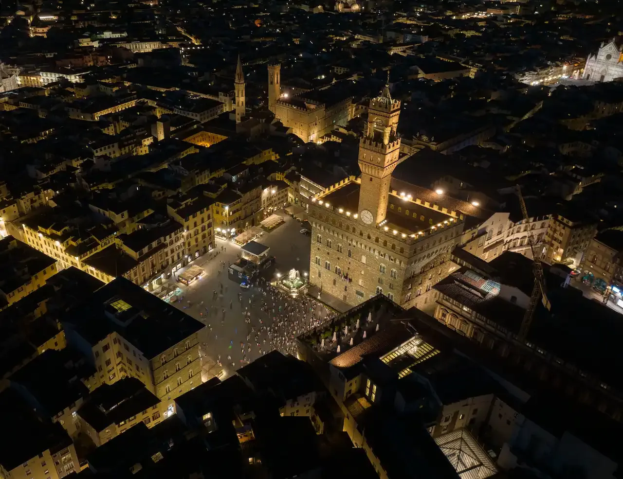 Aerial view of Palazzo Vecchio at night