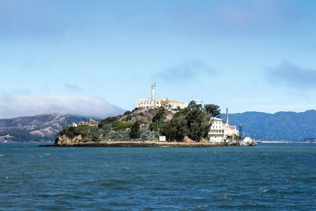 Alcatraz Island and its cellhouse seen across San Francisco Bay