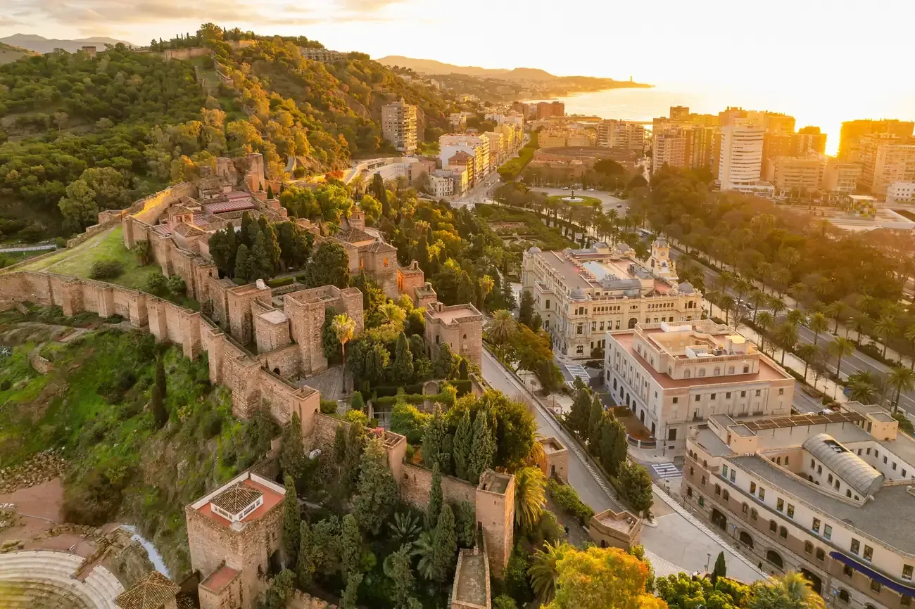 Aerial view of the Alcazaba and Gibralfaro fortress at sunset, Malaga
