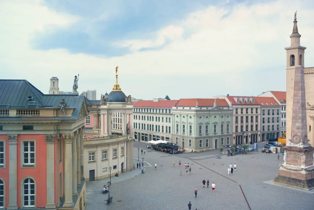 The Alter Markt square in Potsdam seen from above, with the gilded Fortuna portal and the obelisk, Germany