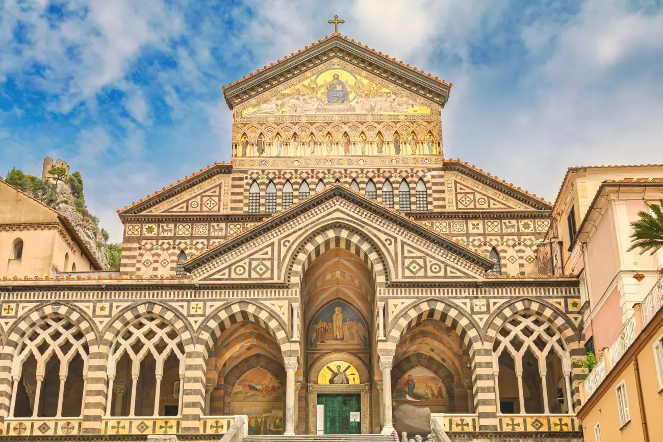 Facade of Amalfi Cathedral (Duomo di Sant'Andrea) in Amalfi, Italy