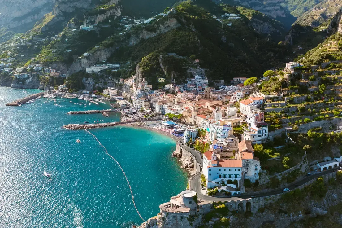 Aerial view of Amalfi town and its harbour on the Amalfi Coast in summer