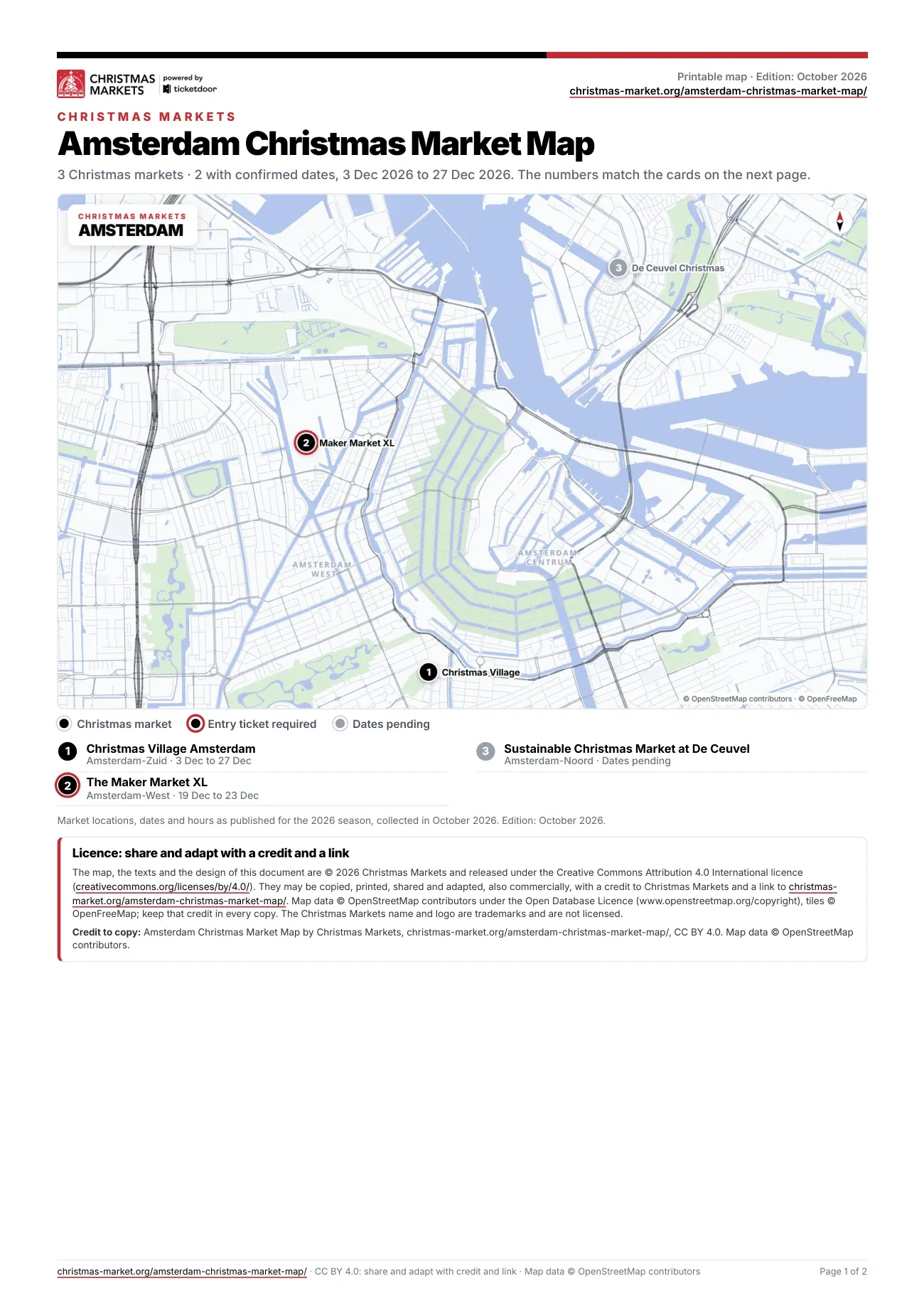 Page 1 of the printable Amsterdam Christmas market map PDF