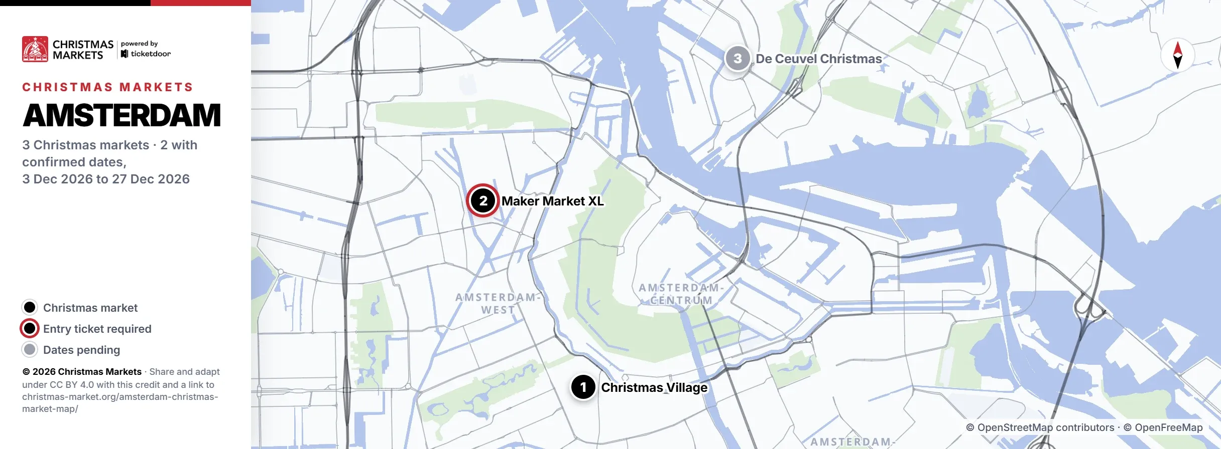 Amsterdam Christmas market map with the 3 markets numbered