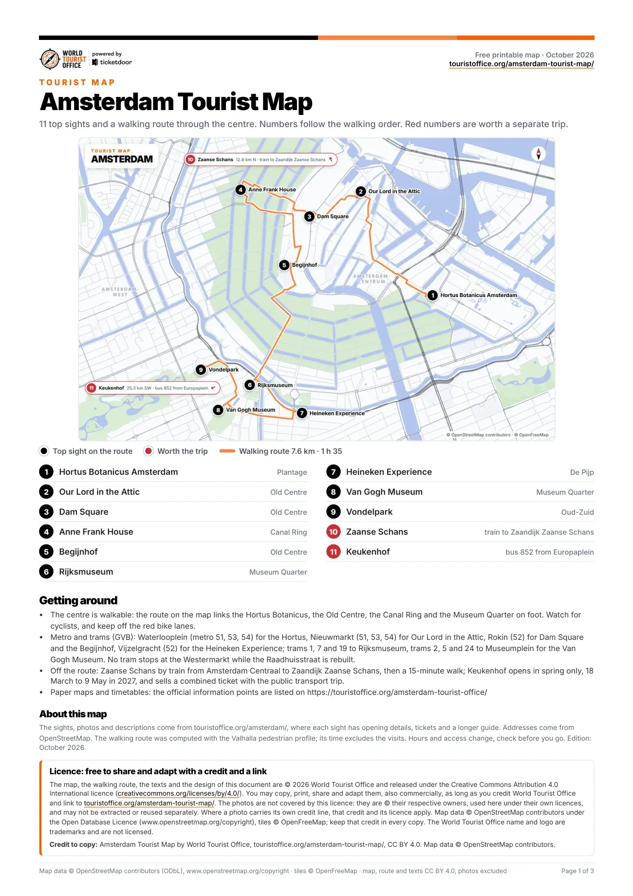 Page 1 of the free printable Amsterdam tourist map PDF
