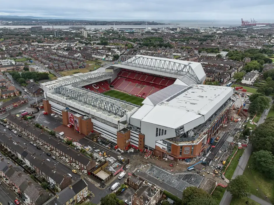 An aerial view of Anfield, the home stadium of Liverpool Football Club, Liverpool