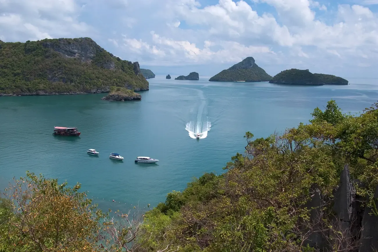 Boats in a bay among the islands of Mu Ko Ang Thong, Surat Thani
