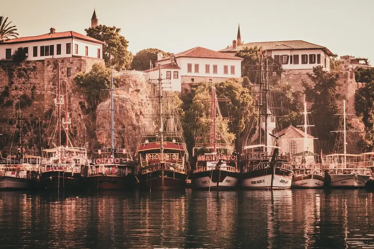 Old town houses on the cliff above the old harbour of Kaleici in Antalya