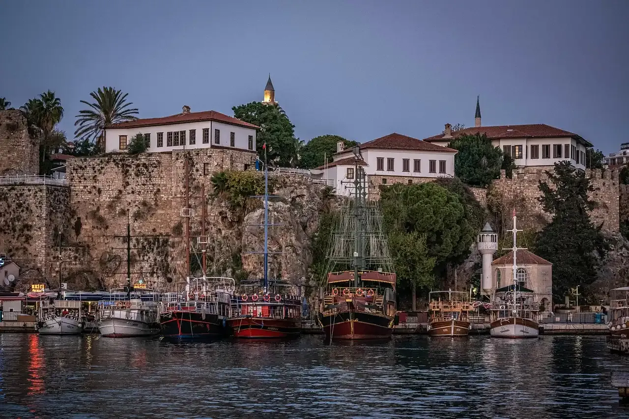 The walls and Ottoman houses of Kaleici above the gulets of the old harbour in Antalya