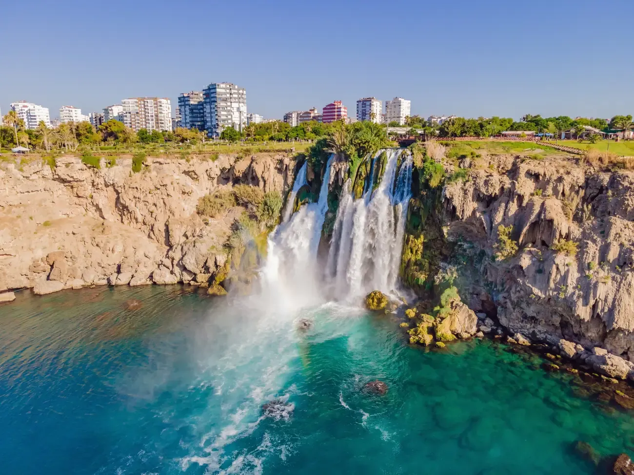 The Lower Duden waterfall dropping off the cliff into the Mediterranean Sea in Antalya