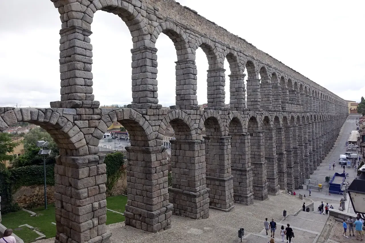 The double arcade of the Roman aqueduct crossing the Plaza del Azoguejo in Segovia