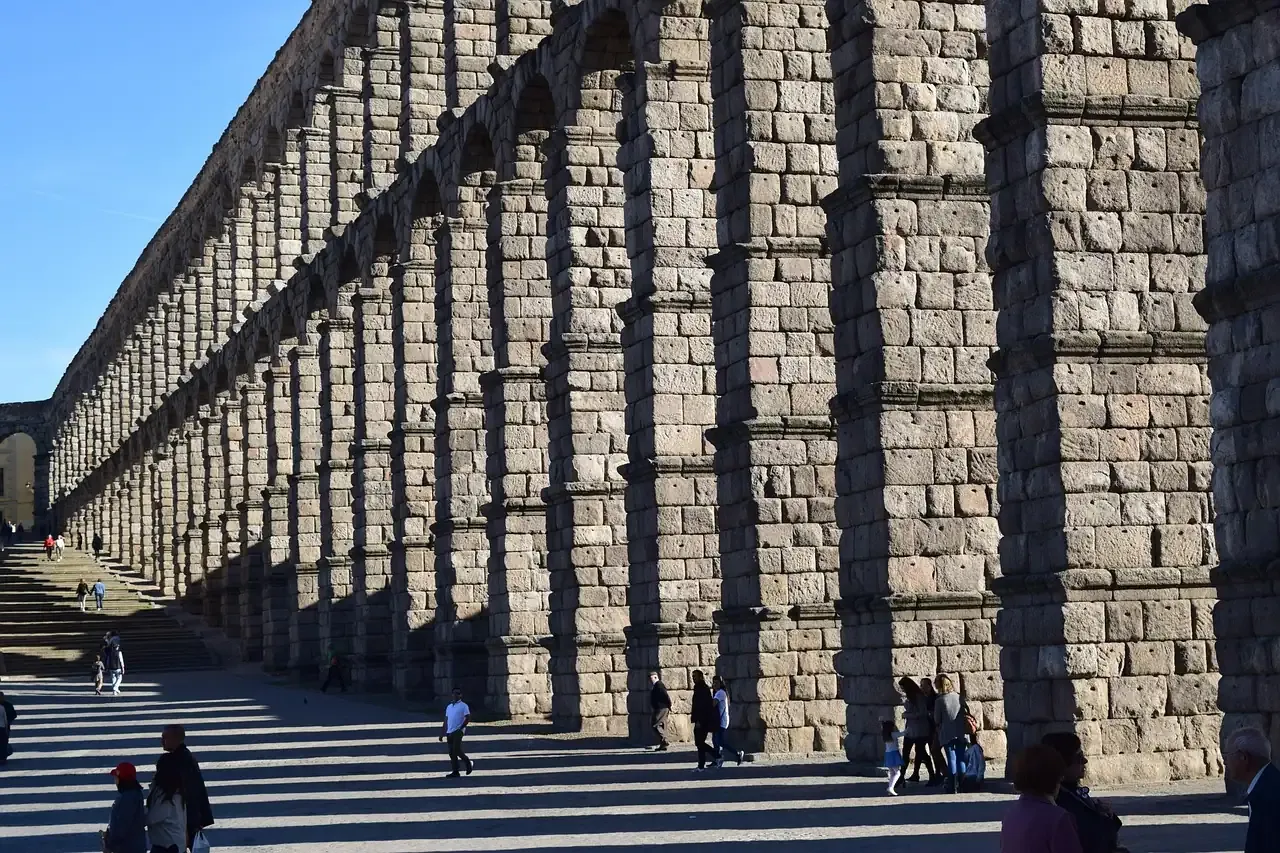 The granite arches of the aqueduct of Segovia in perspective
