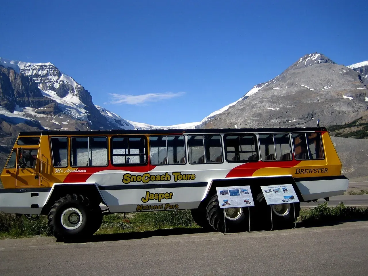An all-terrain Ice Explorer bus on the Athabasca Glacier at the Columbia Icefield