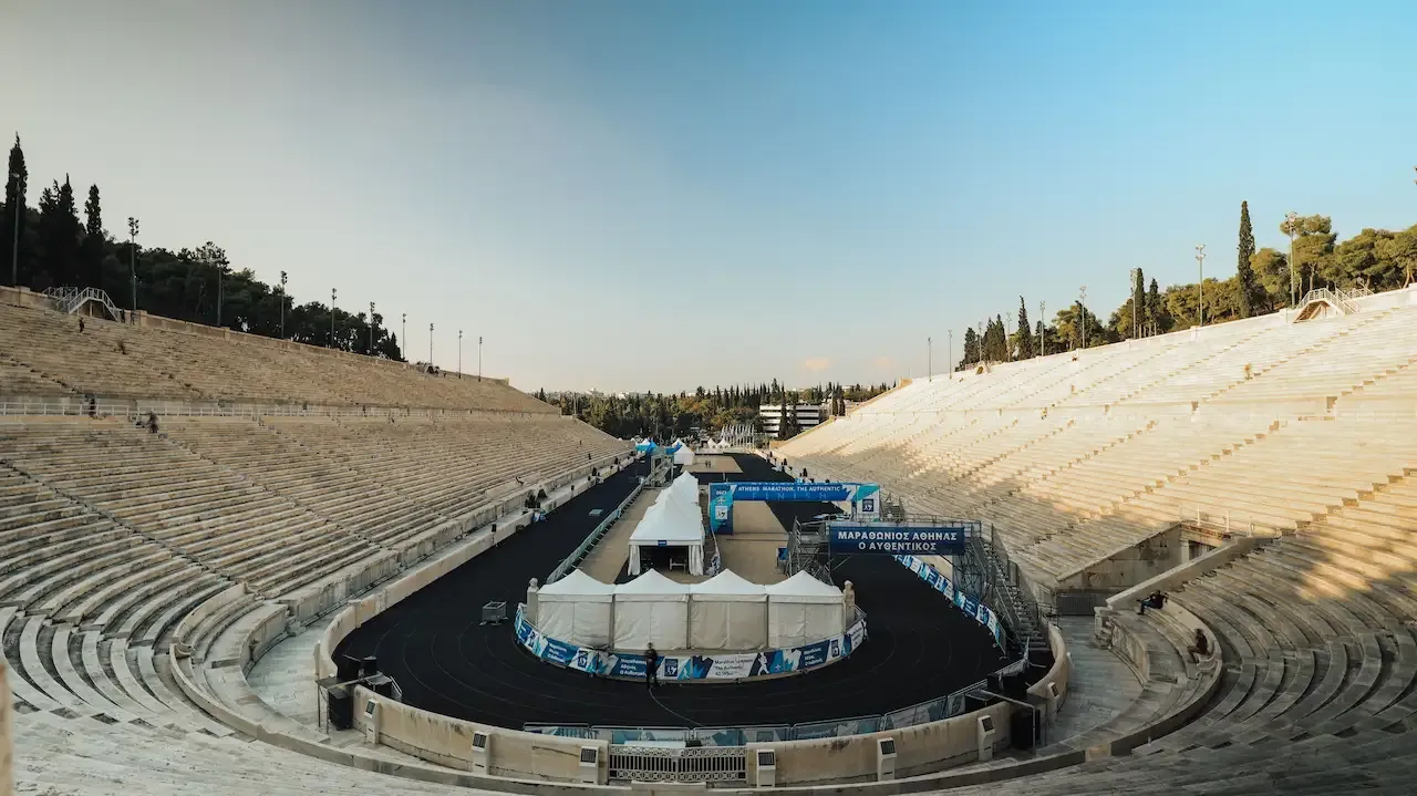 Panathenaic Stadium in Athens set up as the finish line for the Athens Authentic Marathon 2026
