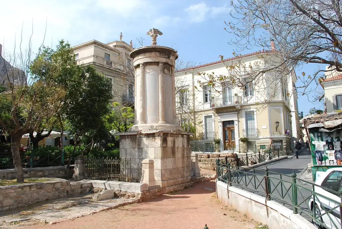 The marble Choragic Monument of Lysicrates with its Corinthian columns in Lysicrates Square, Plaka, Athens
