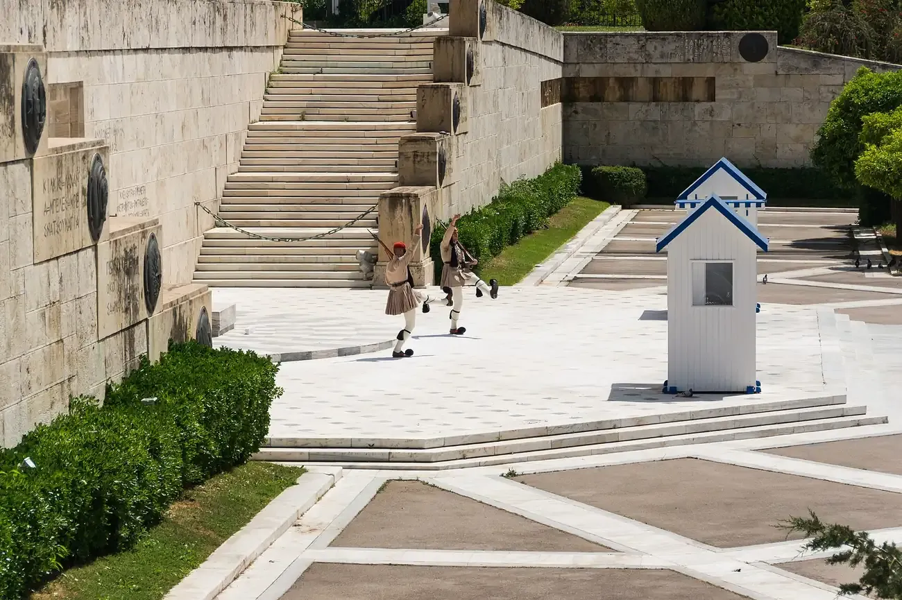 Evzones of the Presidential Guard marching at the Tomb of the Unknown Soldier, Syntagma, Athens