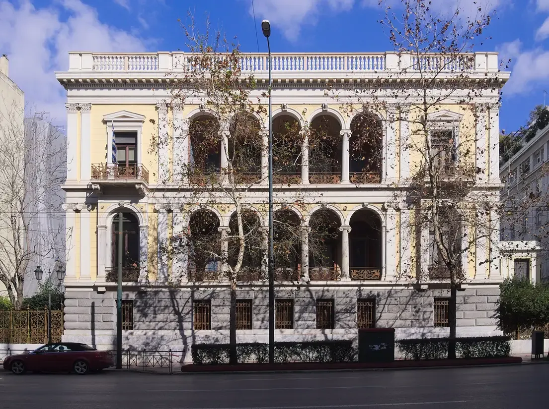 The neoclassical facade of the Iliou Melathron, Heinrich Schliemann's mansion that houses the Numismatic Museum in Athens