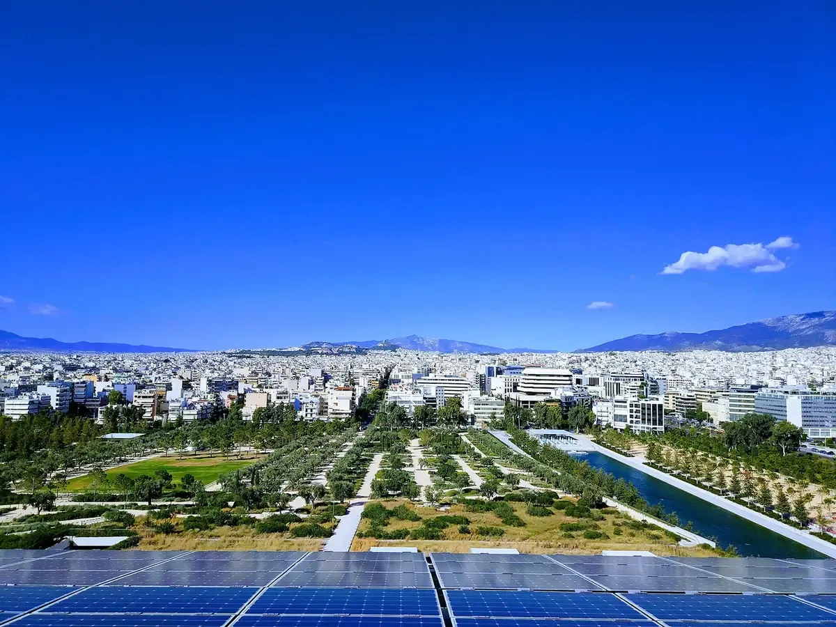 Stavros Niarchos Park and its canal seen from the roof of the cultural center, Athens