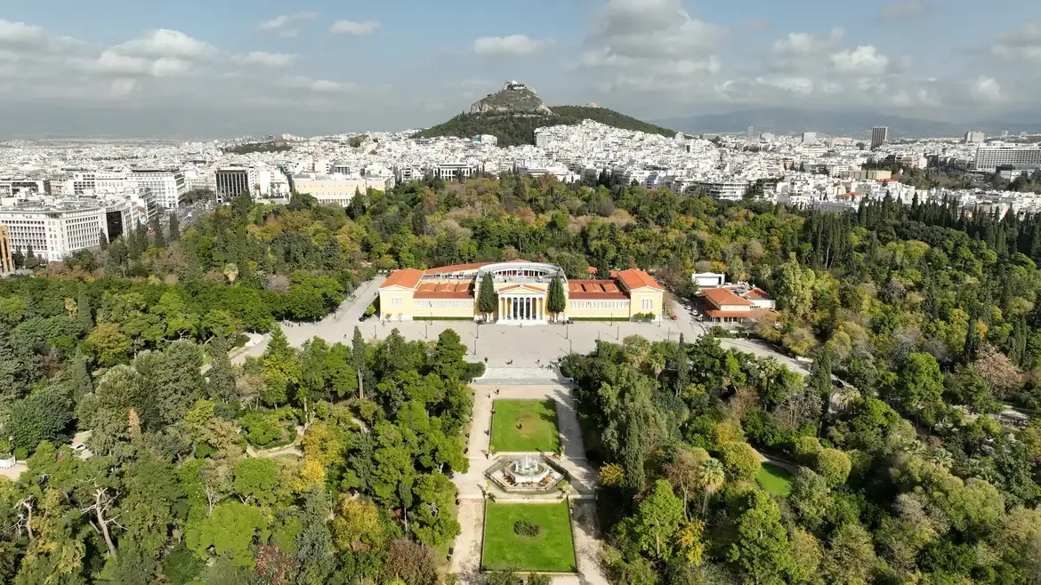Aerial view of the neoclassical Zappeion Hall in the National Gardens, Athens