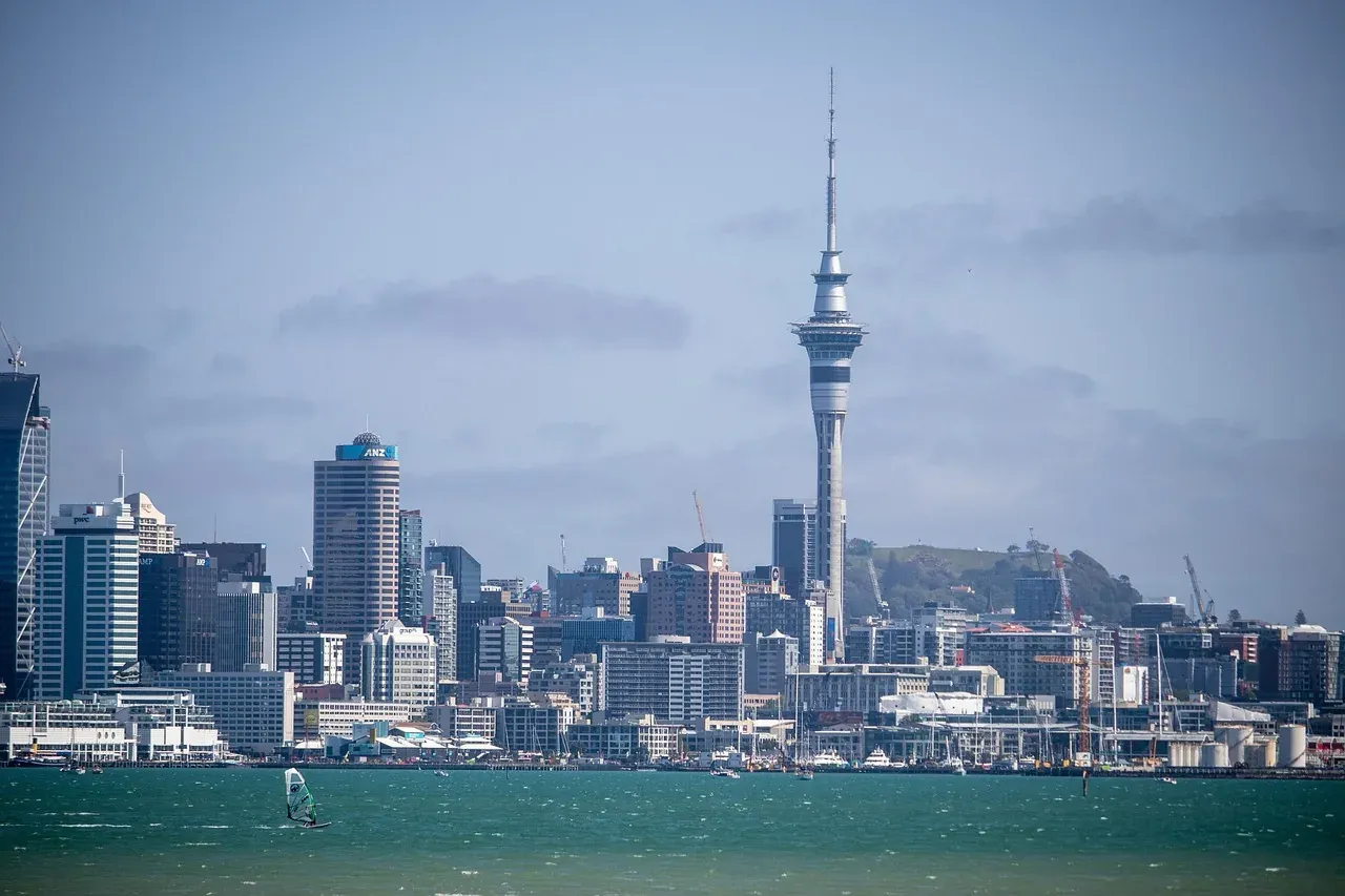 The Auckland skyline across the harbour with the Sky Tower