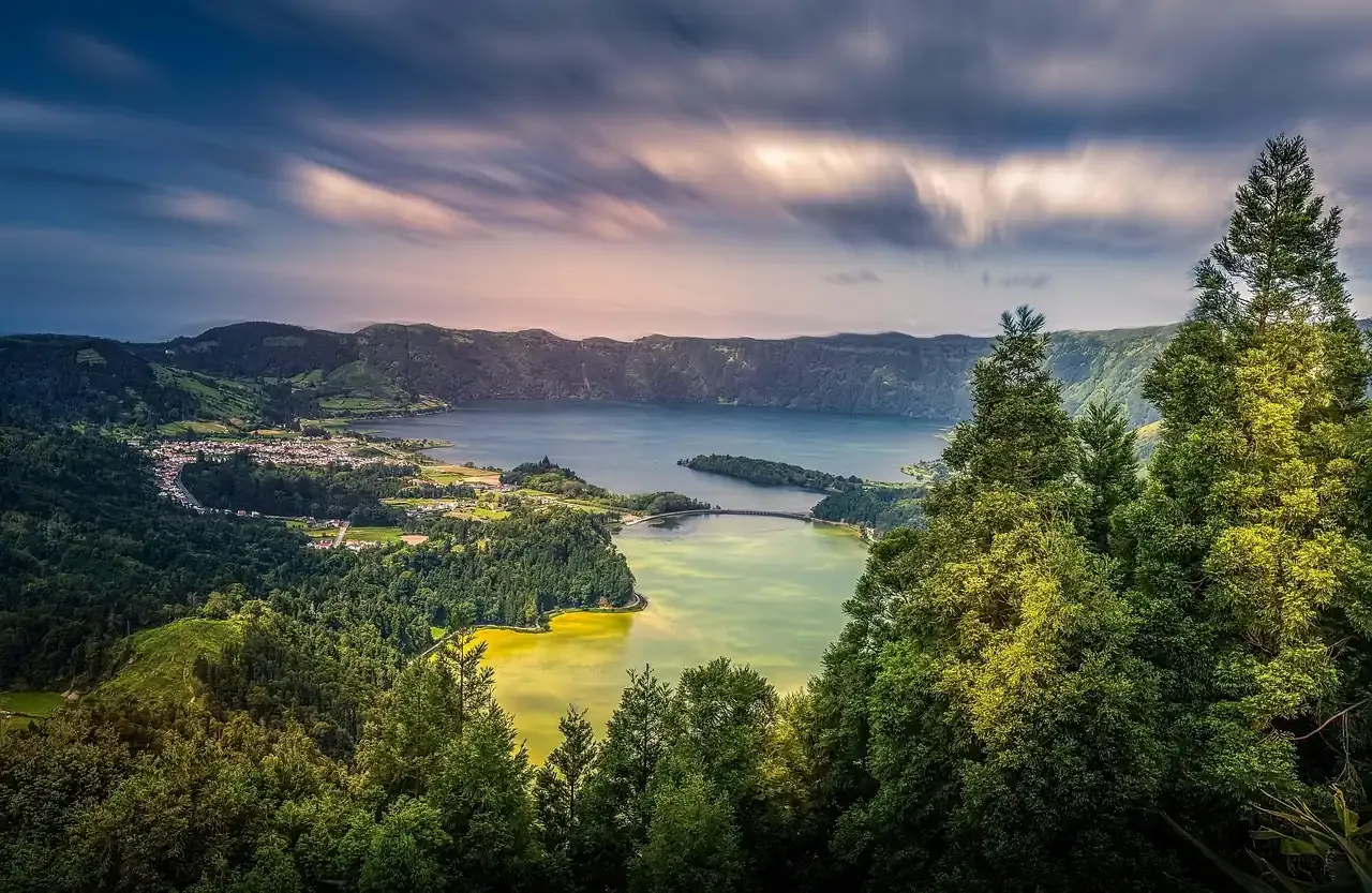 The twin lakes of Sete Cidades inside their volcanic crater on Sao Miguel in the Azores