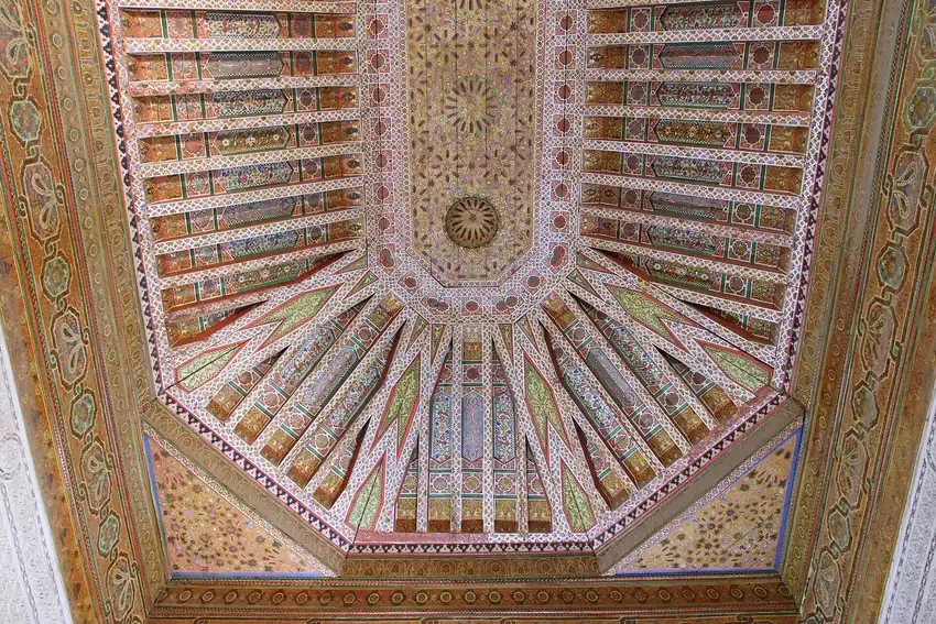A painted carved-cedar ceiling at the Bahia Palace in Marrakech
