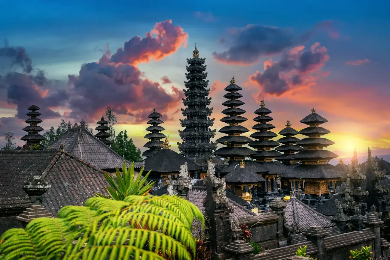 The Besakih mother temple on the slopes of Mount Agung in Bali at sunset