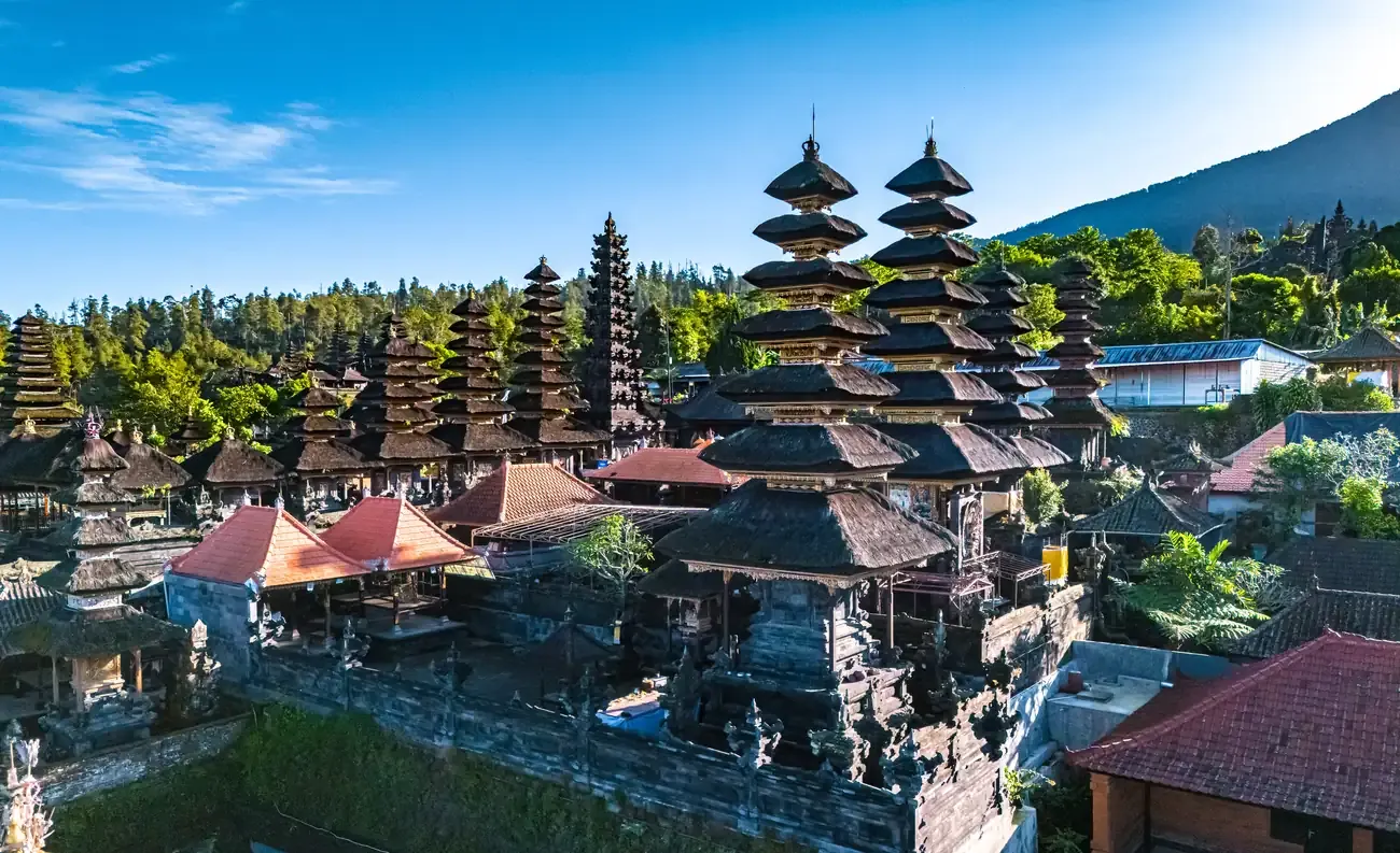 The Besakih Temple complex in the village of Besakih on the slopes of Mount Agung in Bali