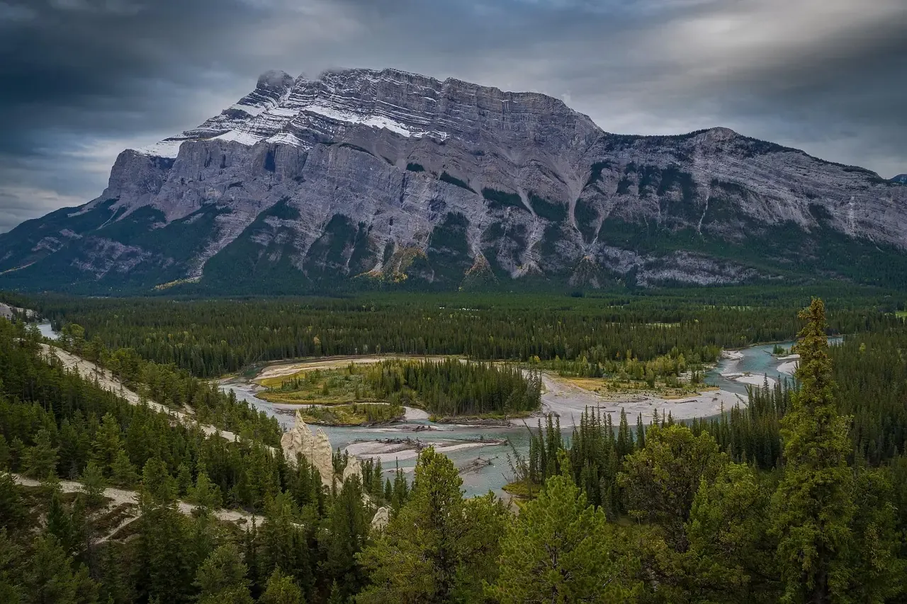 The Bow Valley and Mount Rundle above the town of Banff