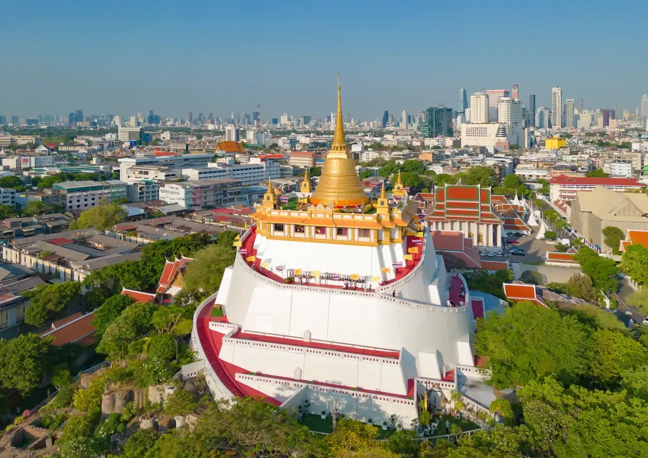 Aerial view of the Golden Mount pagoda, Wat Saket, in Bangkok