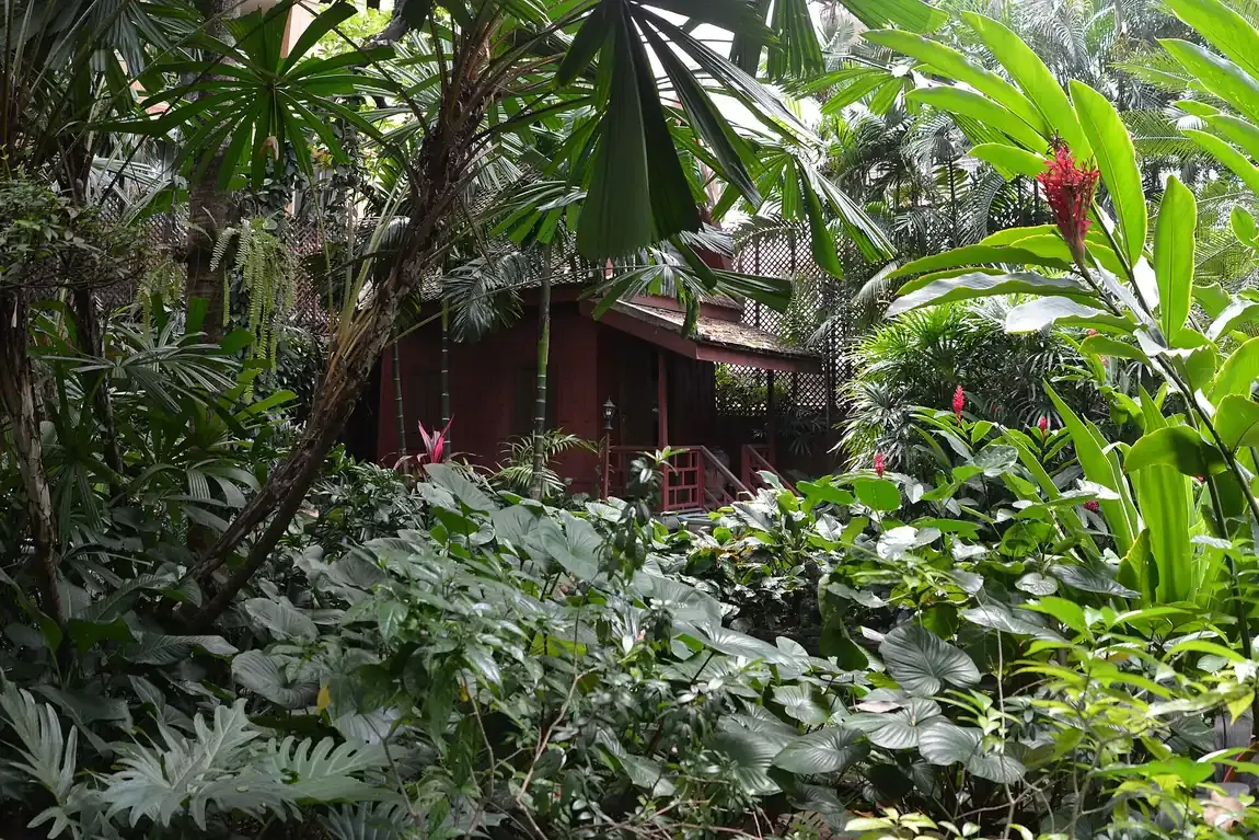 A teak building among tropical planting at the Jim Thompson House, Bangkok