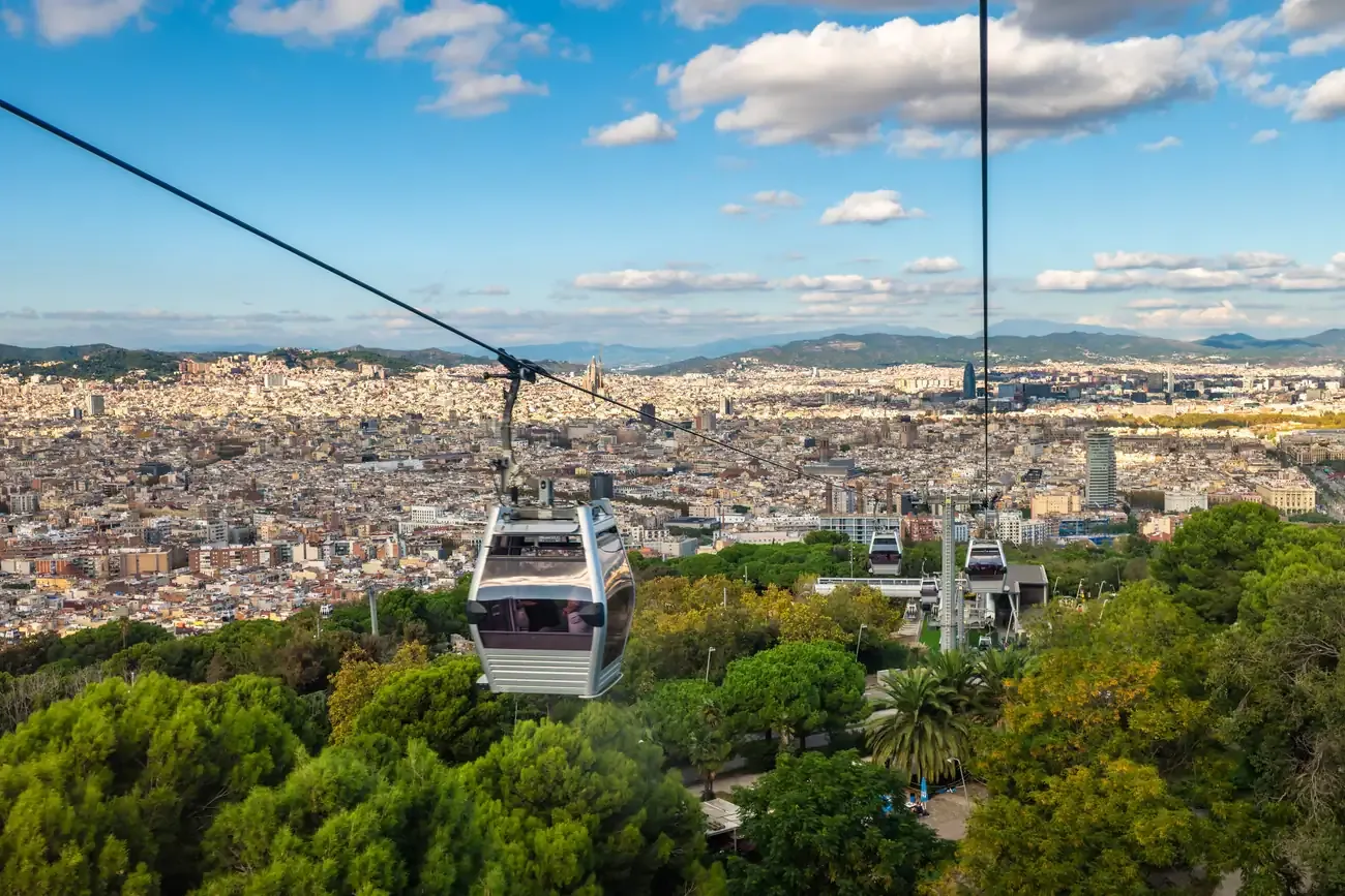 A cabin of the Montjuic cable car climbing the hill in Barcelona
