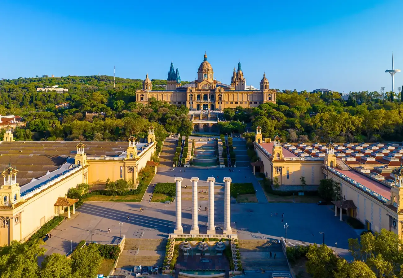 An aerial view of Montjuic hill with the Palau Nacional and the Magic Fountain in Barcelona