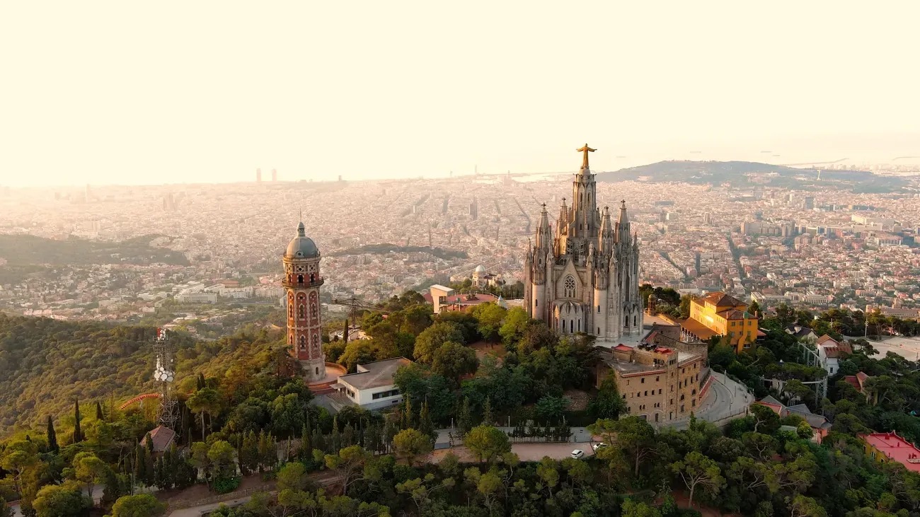 The Barcelona skyline with the Sagrat Cor temple on Tibidabo
