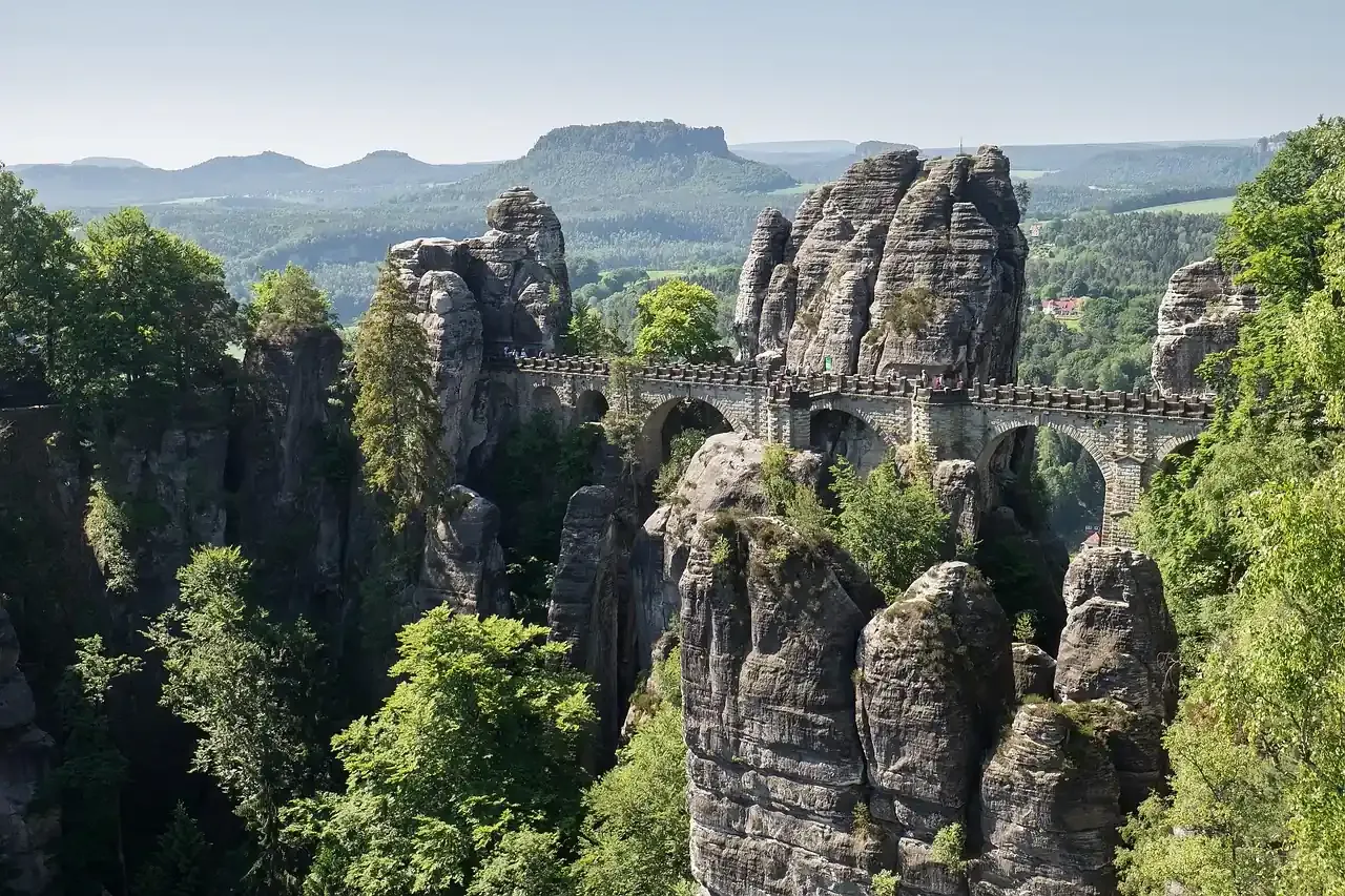 The Bastei bridge running between sandstone pillars in Saxon Switzerland