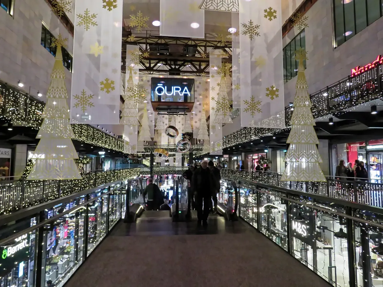 Christmas decorations inside Battersea Power Station, London