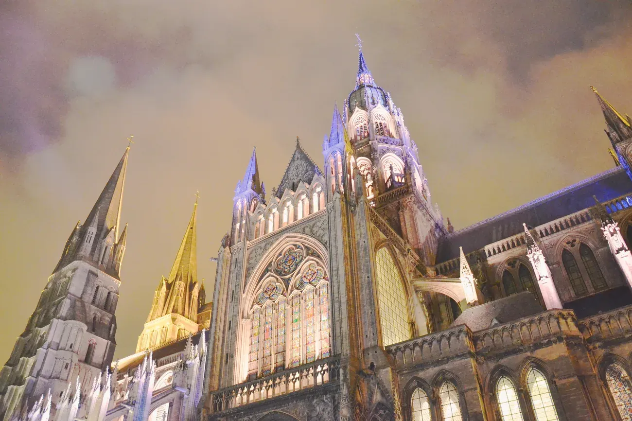 Bayeux Cathedral illuminated at night, Normandy, France