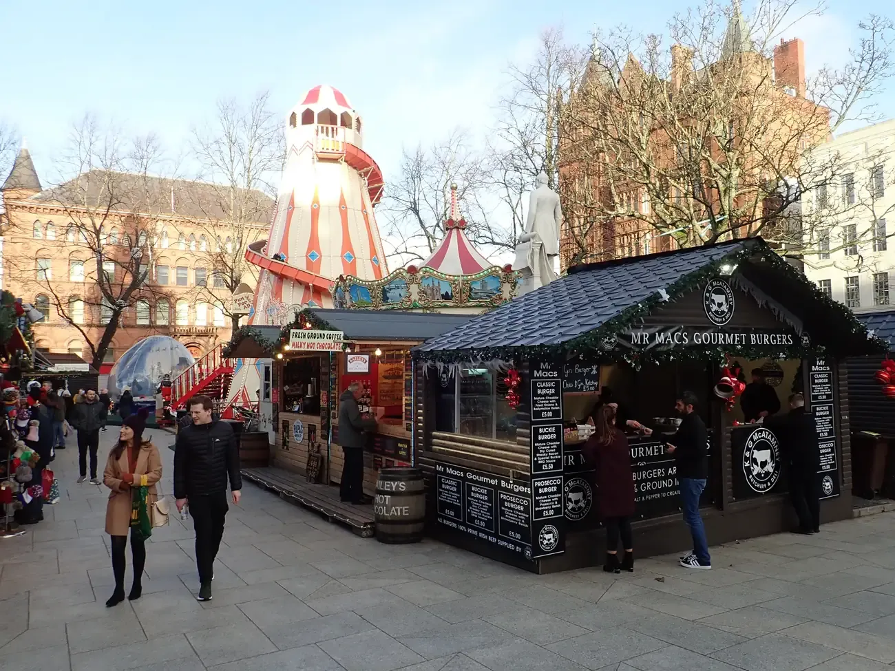 The helter-skelter and a food chalet at the Belfast Christmas Market in the grounds of City Hall