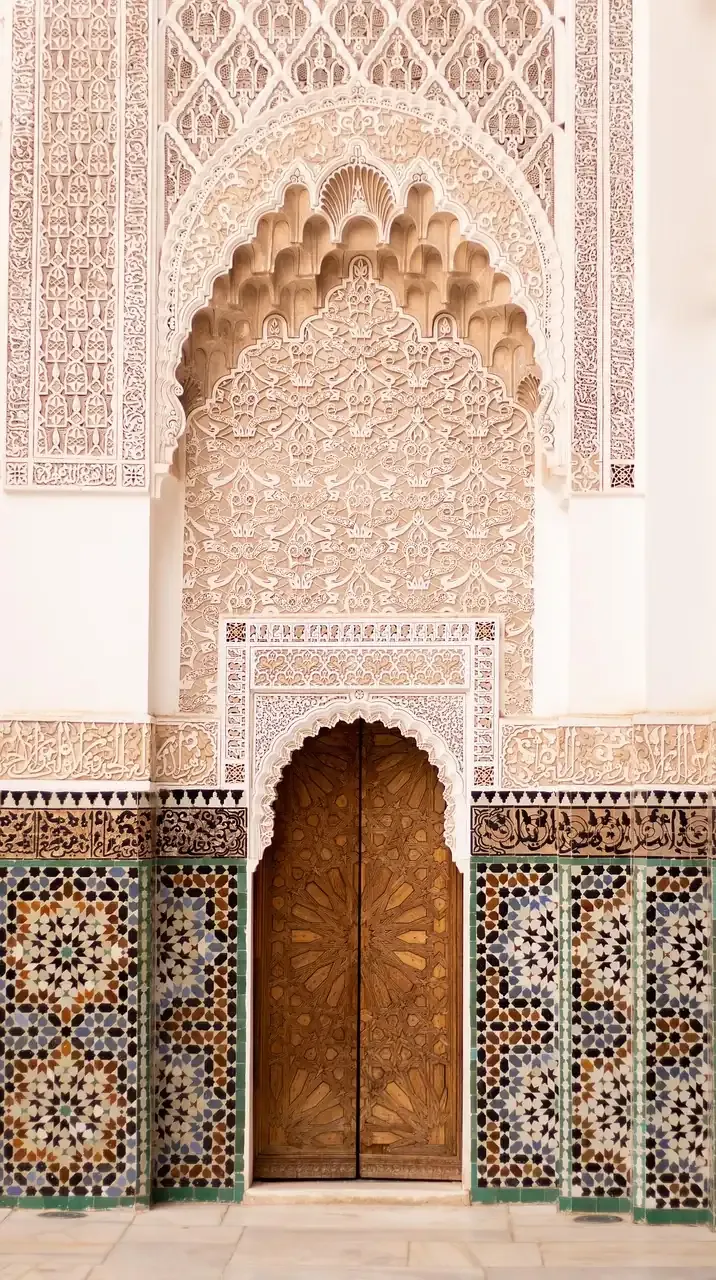 The carved stucco and zellij portal of the Ben Youssef Madrasa in Marrakech