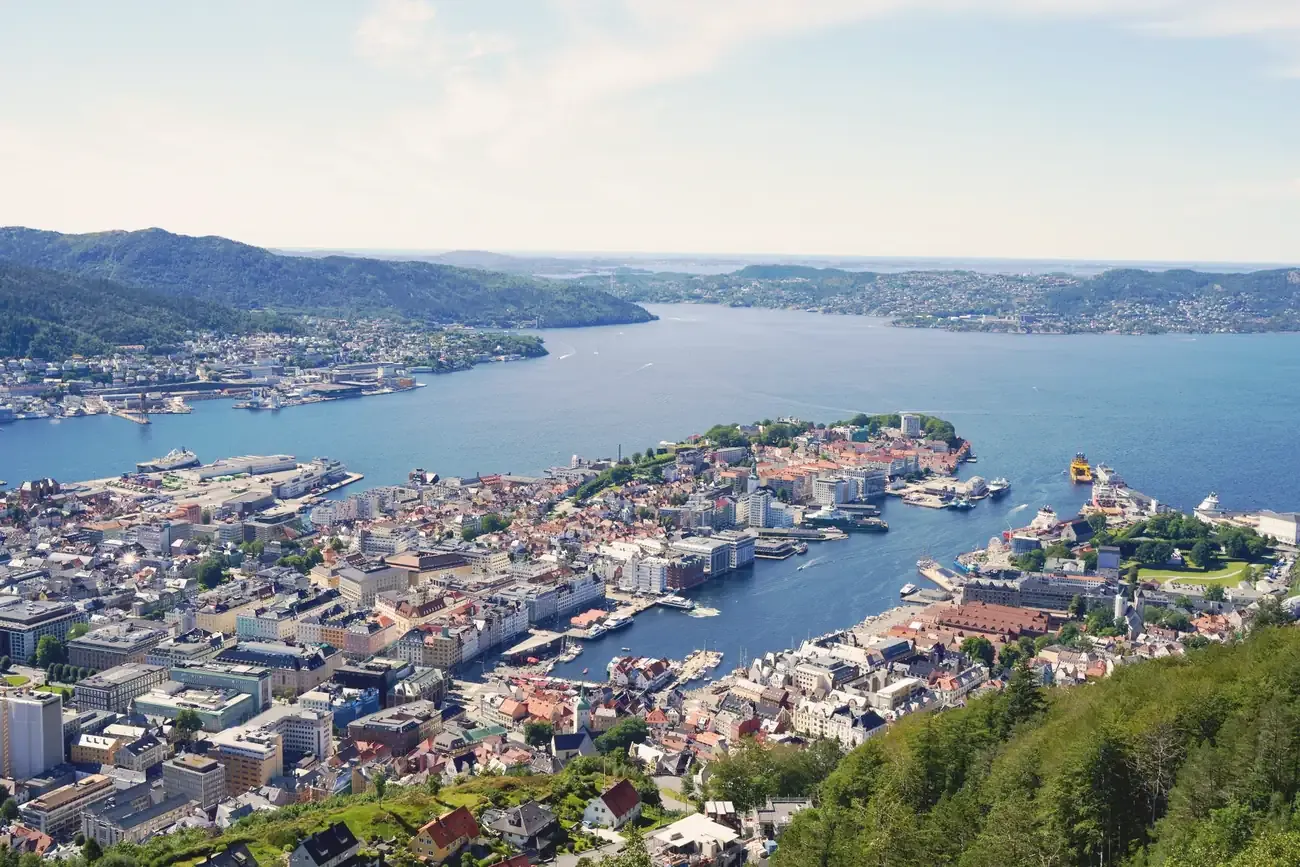 Bergen, Norway, seen from Mount Floyen, with the Vagen harbour and the fjord beyond