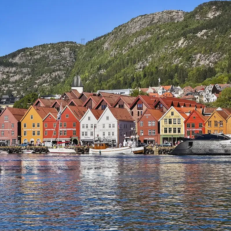 The colourful wooden houses of Bergen's historic Bryggen wharf in daylight