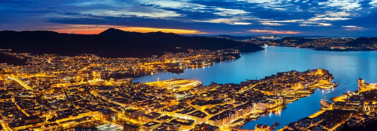 Panoramic night view over Bergen, Norway, and its harbour